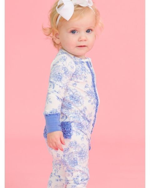 Periwinkle Blue Butterfly Garden Toile Convertible Ruffle One Piece Pajama, Bamboo Viscose