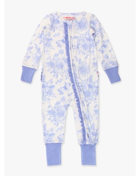 Periwinkle Blue Butterfly Garden Toile Convertible Ruffle One Piece Pajama, Bamboo Viscose