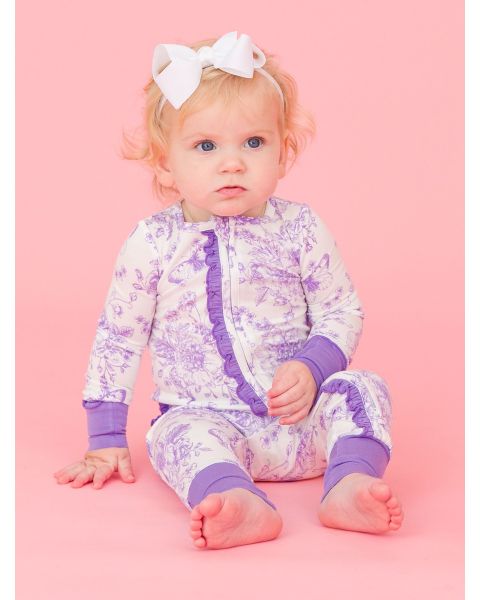 Wisteria Purple Butterfly Garden Toile Convertible Ruffle One Piece Pajama, Bamboo Viscose