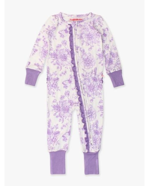 Wisteria Purple Butterfly Garden Toile Convertible Ruffle One Piece Pajama, Bamboo Viscose