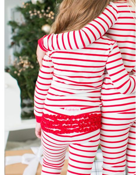 Red & White Stripe Toddler Ruffle Long Sleeve Pajama Set, Modal Blend