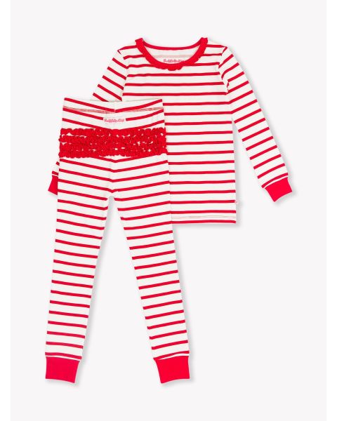 Red & White Stripe Toddler Ruffle Long Sleeve Pajama Set, Modal Blend