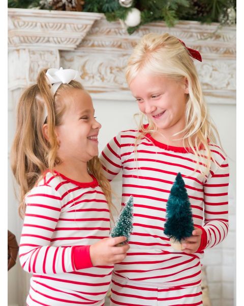 Red & White Stripe Ruffle Long Sleeve Pajama Set, Modal Blend