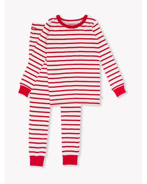 Red & White Stripe Ruffle Long Sleeve Pajama Set, Modal Blend