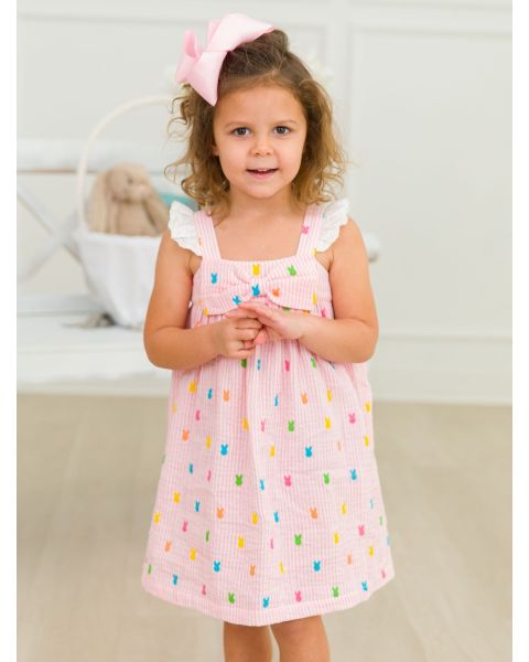 Pink Bunny Stripe Cotton Gauze Flutter Bow Woven Dress