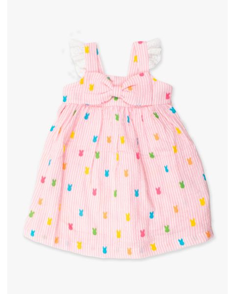 Pink Bunny Stripe Cotton Gauze Flutter Bow Woven Dress