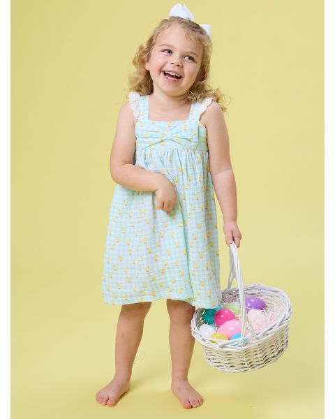 Chirping Chicks Gingham Cotton Gauze Flutter Bow Woven Dress