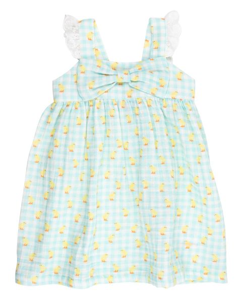 Chirping Chicks Gingham Cotton Gauze Flutter Bow Woven Dress