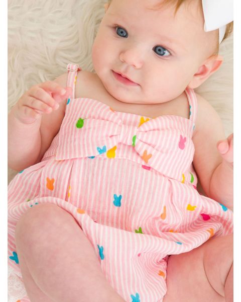Pink Bunny Stripe Cotton Gauze Bow Front Bubble Woven Romper