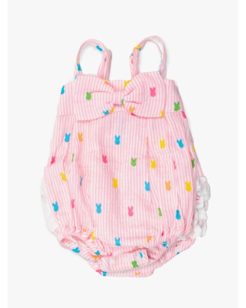 Pink Bunny Stripe Cotton Gauze Bow Front Bubble Woven Romper