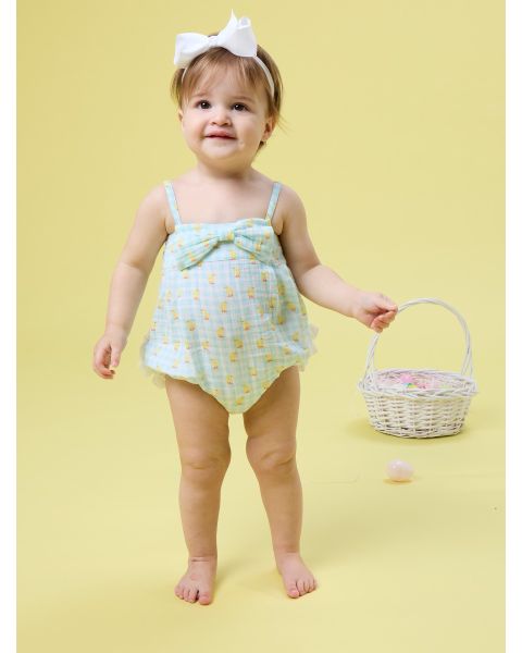 Chirping Chicks Gingham Cotton Gauze Bow Front Bubble Woven Romper