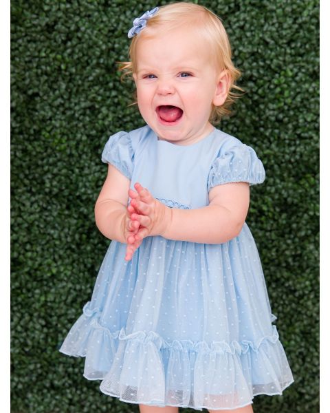 Light Blue Dotted Tulle Dress & RuffleButt Bloomer Set