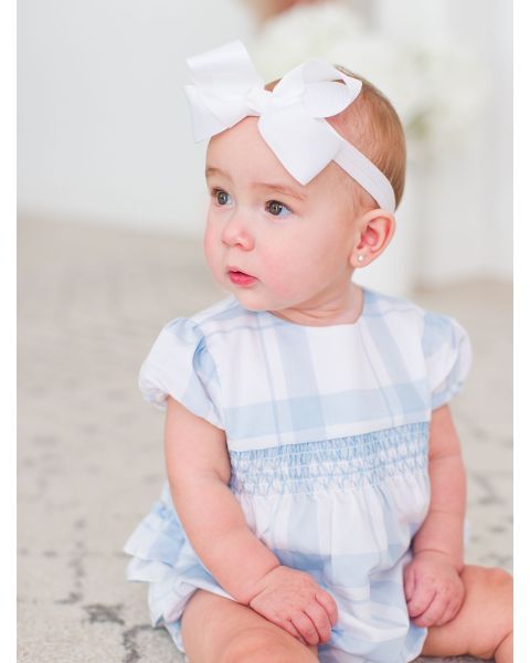Light Blue Windowpane Puff Sleeve Smocked Romper