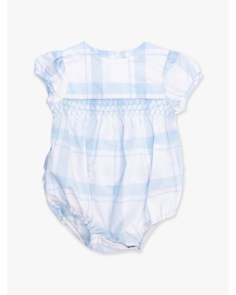 Light Blue Windowpane Puff Sleeve Smocked Romper