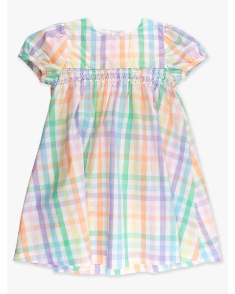 Poppy Rainbow Plaid Puff Sleeve Smocked Dress