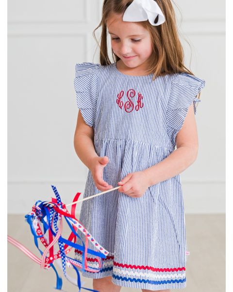 Classic Blue Seersucker Woven Butterfly Sleeve Bow Dress