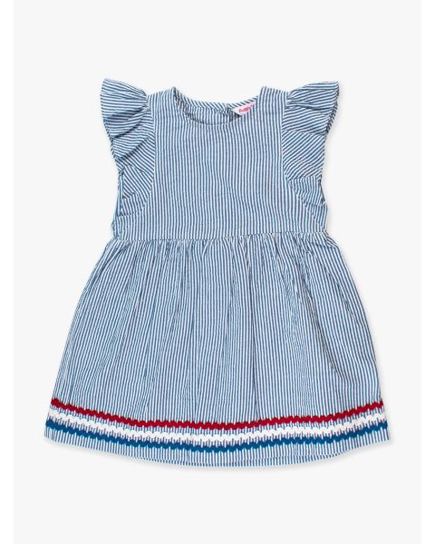 Classic Blue Seersucker Woven Butterfly Sleeve Bow Dress