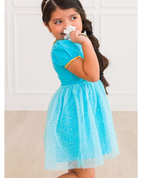 Teal Golden Princess Short Sleeve Princess Bow Twirl Dress