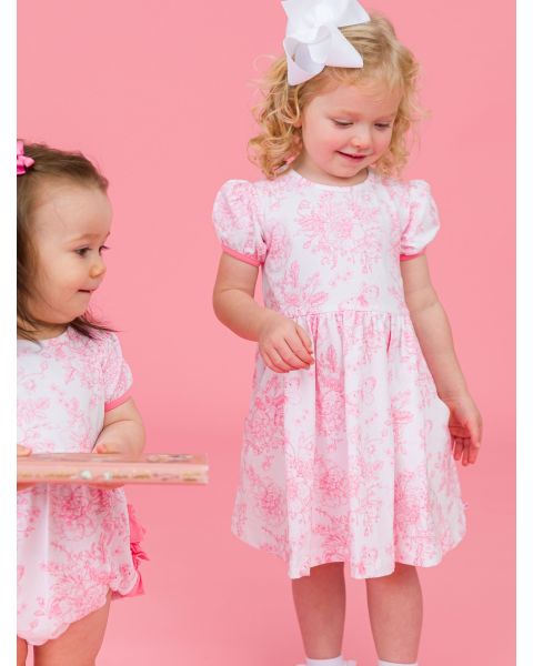 Bubblegum Pink Butterfly Garden Toile Puff Short Sleeve Bow Twirl Dress