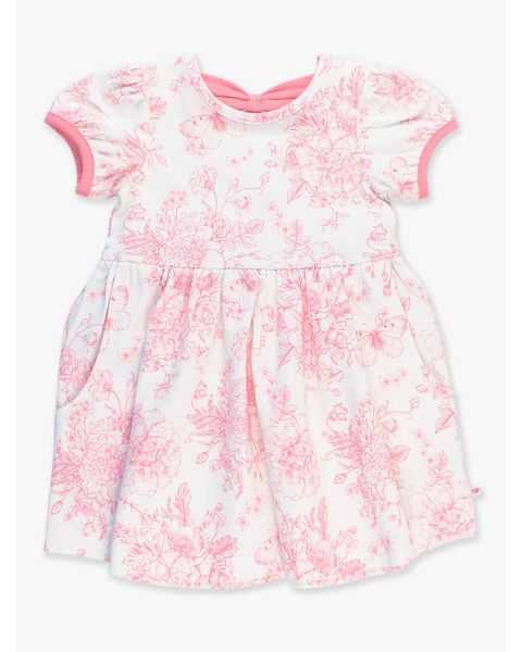 Bubblegum Pink Butterfly Garden Toile Puff Short Sleeve Bow Twirl Dress