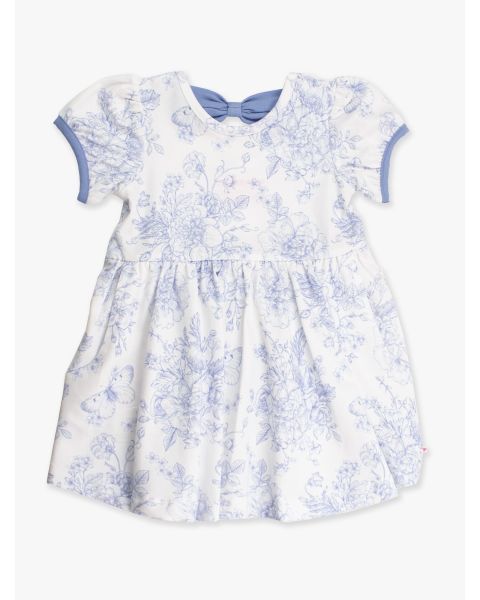 Periwinkle Blue Butterfly Garden Toile Puff Short Sleeve Bow Twirl Dress