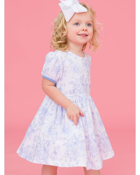 Periwinkle Blue Butterfly Garden Toile Puff Short Sleeve Bow Twirl Dress
