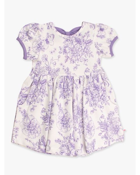 Wisteria Purple Butterfly Garden Toile Puff Short Sleeve Bow Twirl Dress