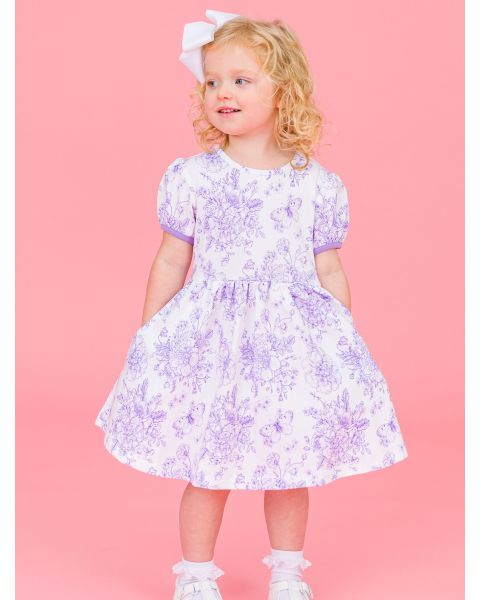 Wisteria Purple Butterfly Garden Toile Puff Short Sleeve Bow Twirl Dress