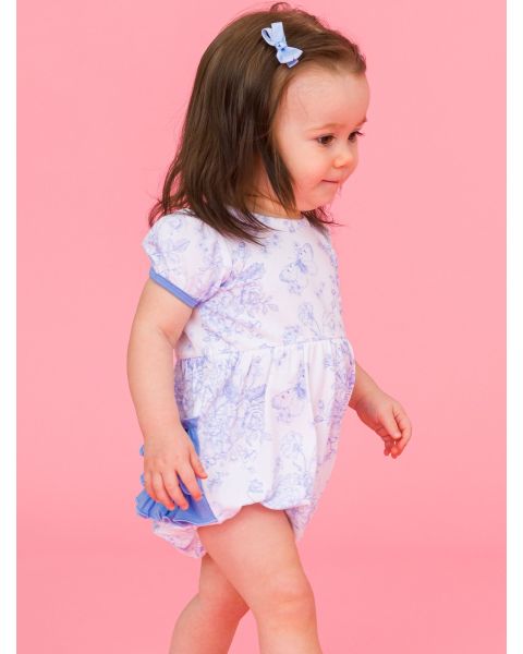 Periwinkle Blue Butterfly Garden Toile Puff Short Sleeve Bow Bubble Romper