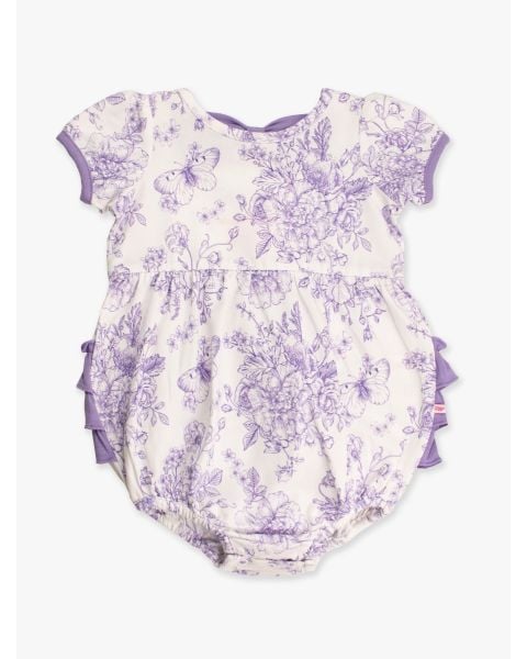 Wisteria Purple Butterfly Garden Toile Puff Short Sleeve Bow Bubble Romper
