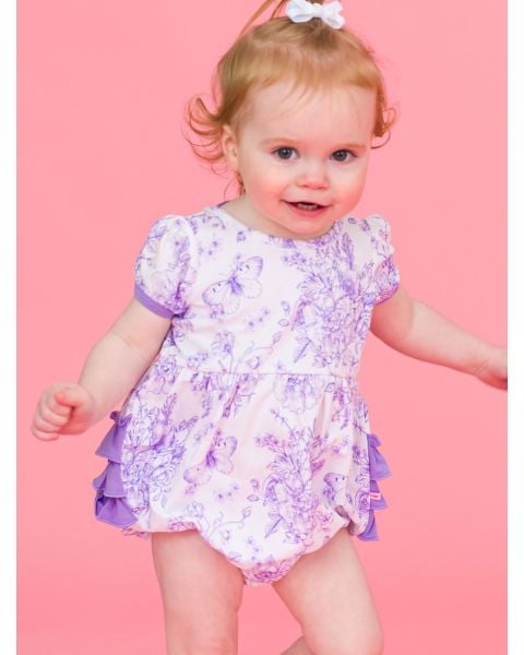 Wisteria Purple Butterfly Garden Toile Puff Short Sleeve Bow Bubble Romper