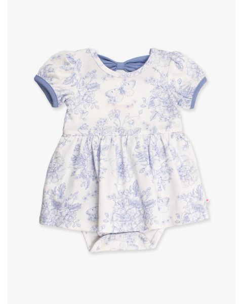 Periwinkle Blue Butterfly Garden Toile Short Sleeve Bow Twirl Romper