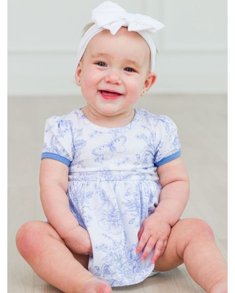 Periwinkle Blue Butterfly Garden Toile Short Sleeve Bow Twirl Romper