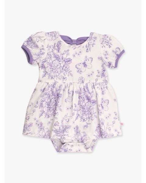 Wisteria Purple Butterfly Garden Toile Short Sleeve Bow Twirl Romper
