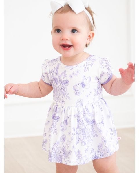 Wisteria Purple Butterfly Garden Toile Short Sleeve Bow Twirl Romper