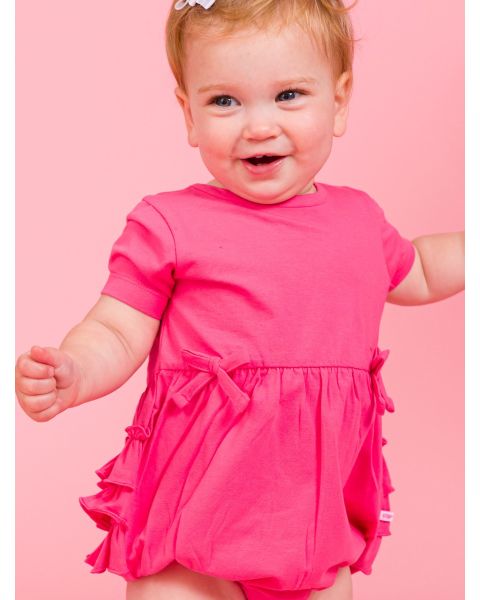 Hot Pink Knit Short Sleeve Bow Bubble Romper