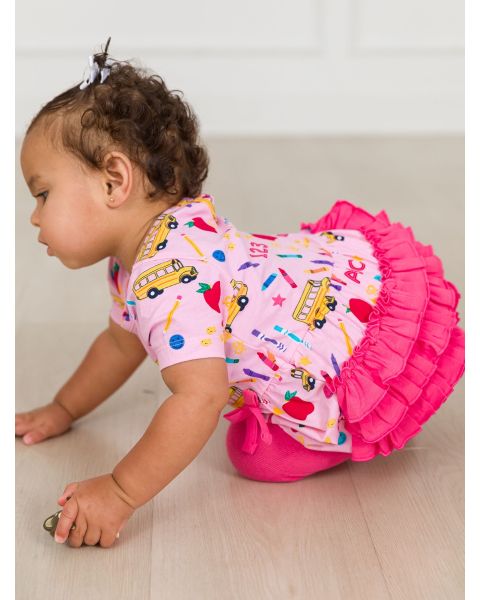 Pink School House Knit Short Sleeve Bow Bubble Romper