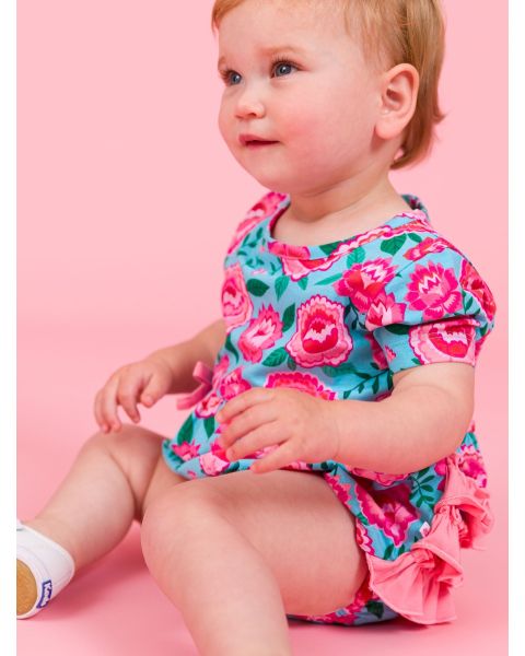 Bright Blossoms Knit Short Sleeve Bow Bubble Romper
