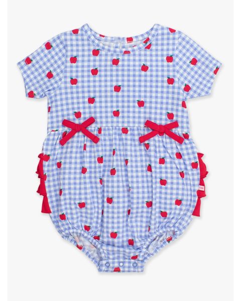 Apple Orchard Gingham Knit Short Sleeve Bow Bubble Romper