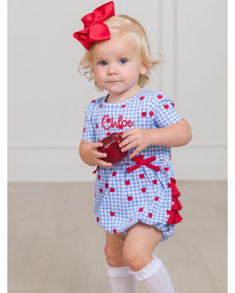 Apple Orchard Gingham Knit Short Sleeve Bow Bubble Romper