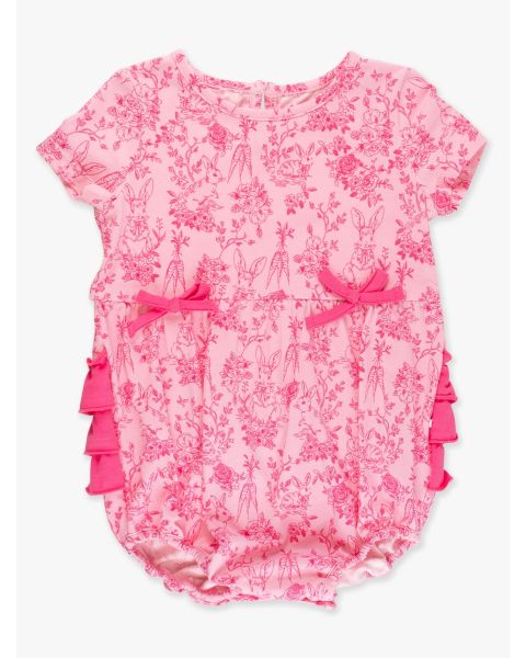 Pink Cottontail Toile Knit Short Sleeve Bow Bubble Romper