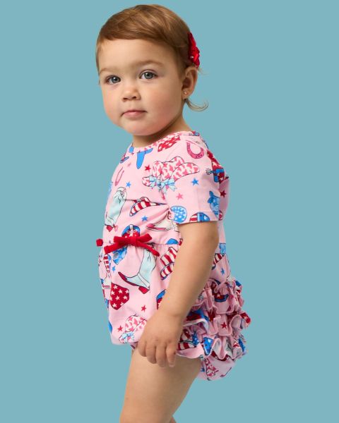 Pink Stars & Spurs Knit Short Sleeve Bow Bubble Romper