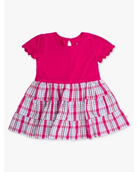 Adley Plaid Mixed Media Short Sleeve Tiered Dress