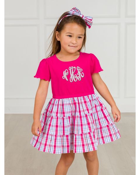 Adley Plaid Mixed Media Short Sleeve Tiered Dress