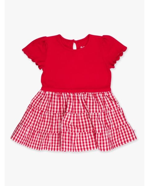 Classic Red Gingham Mixed Media Short Sleeve Tiered Dress