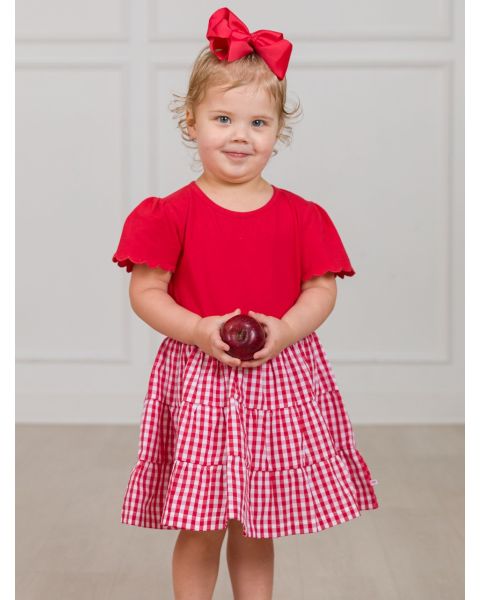 Classic Red Gingham Mixed Media Short Sleeve Tiered Dress