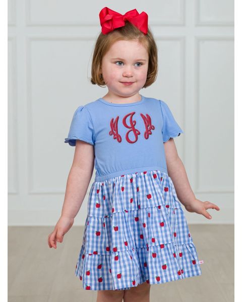 Apple Orchard Classic Gingham Mixed Media Short Sleeve Tiered Dress