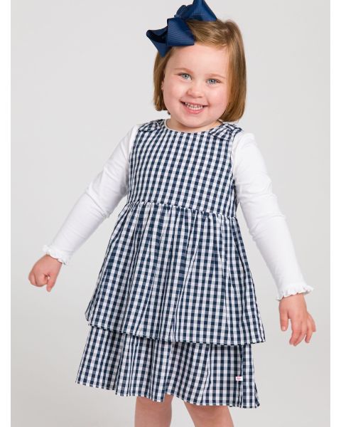 Classic Dark Navy Gingham Woven Bow Jumper Dress