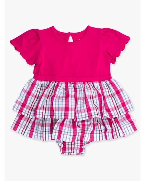 Adley Plaid Mixed Media Short Sleeve Skirted Romper