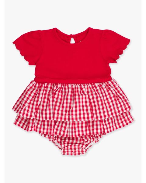Classic Red Gingham Mixed Media Short Sleeve Skirted Romper